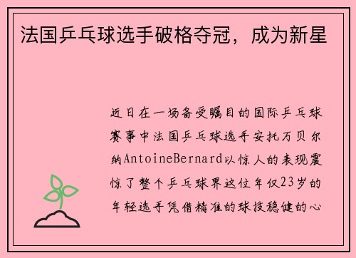 法国乒乓球选手破格夺冠,成为新星 法国乒乓球选手破格夺冠,成为新星